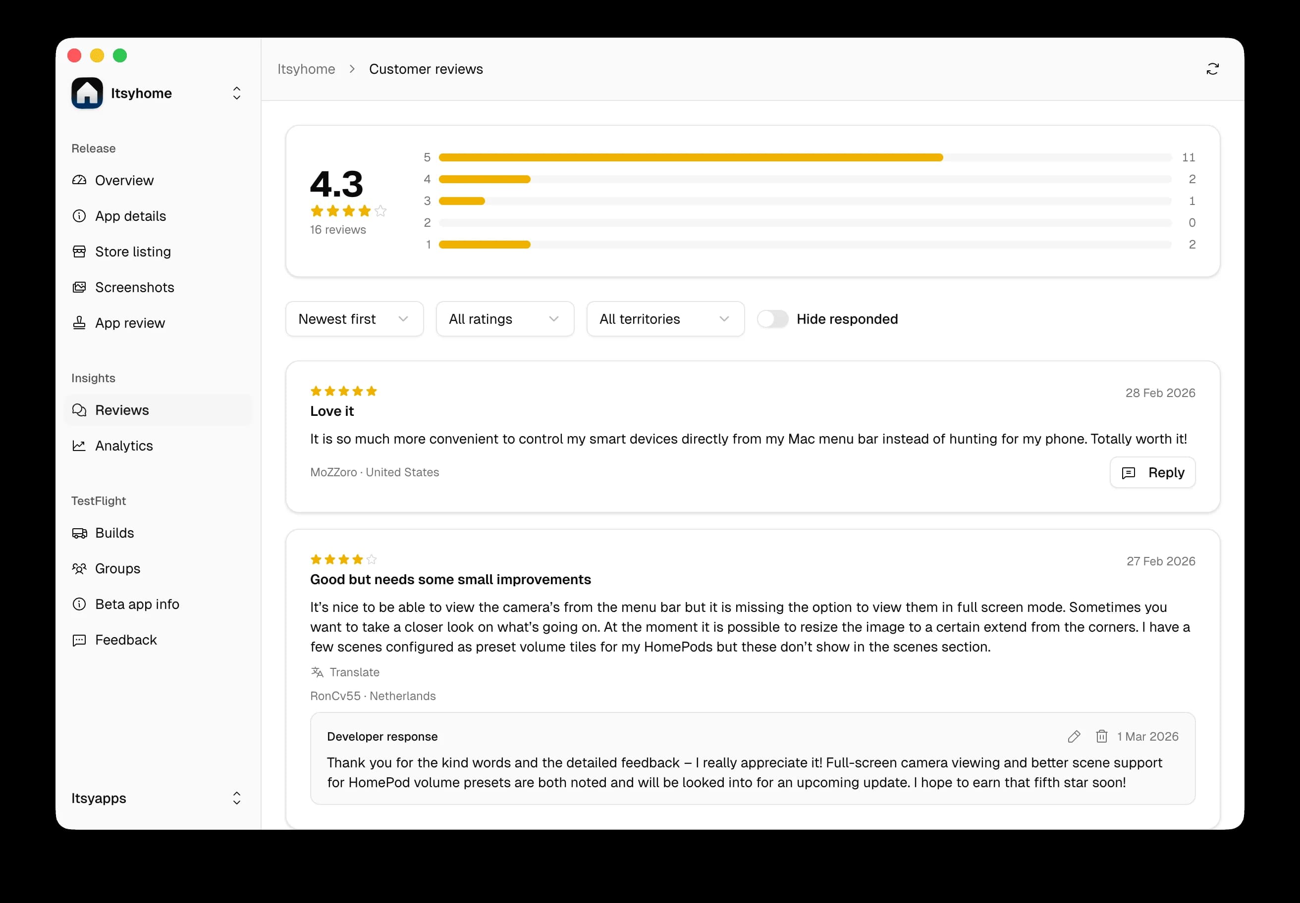 Itsyconnect – manage reviews – 1