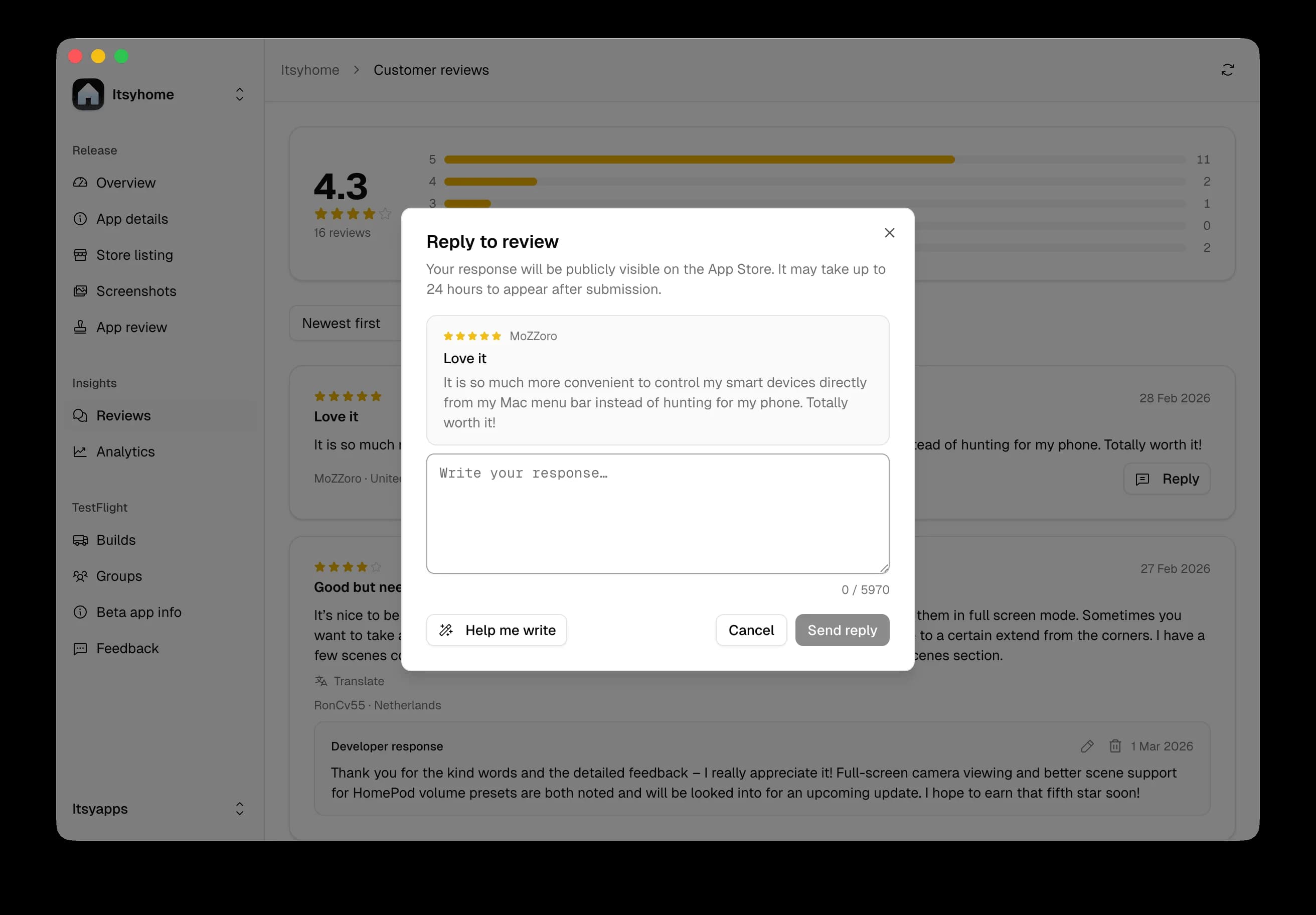 Itsyconnect – manage reviews – 2