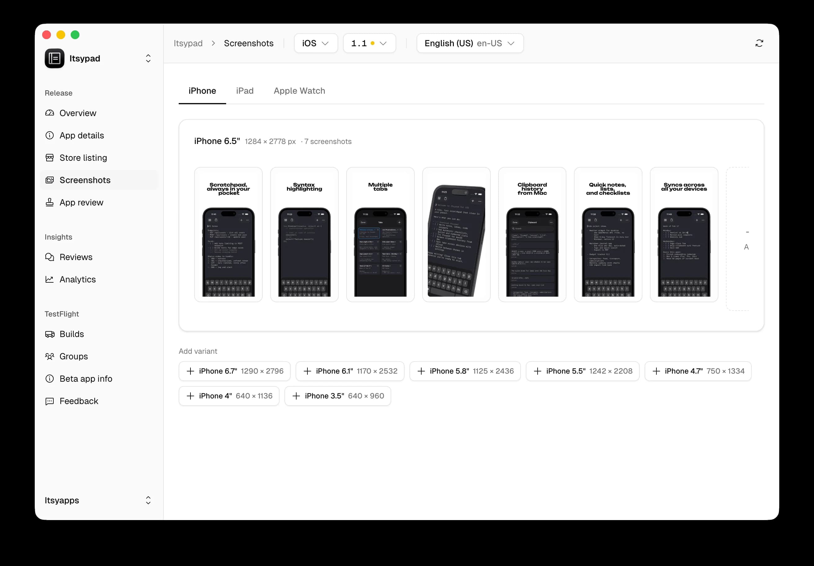 Itsyconnect – screenshot management – 1