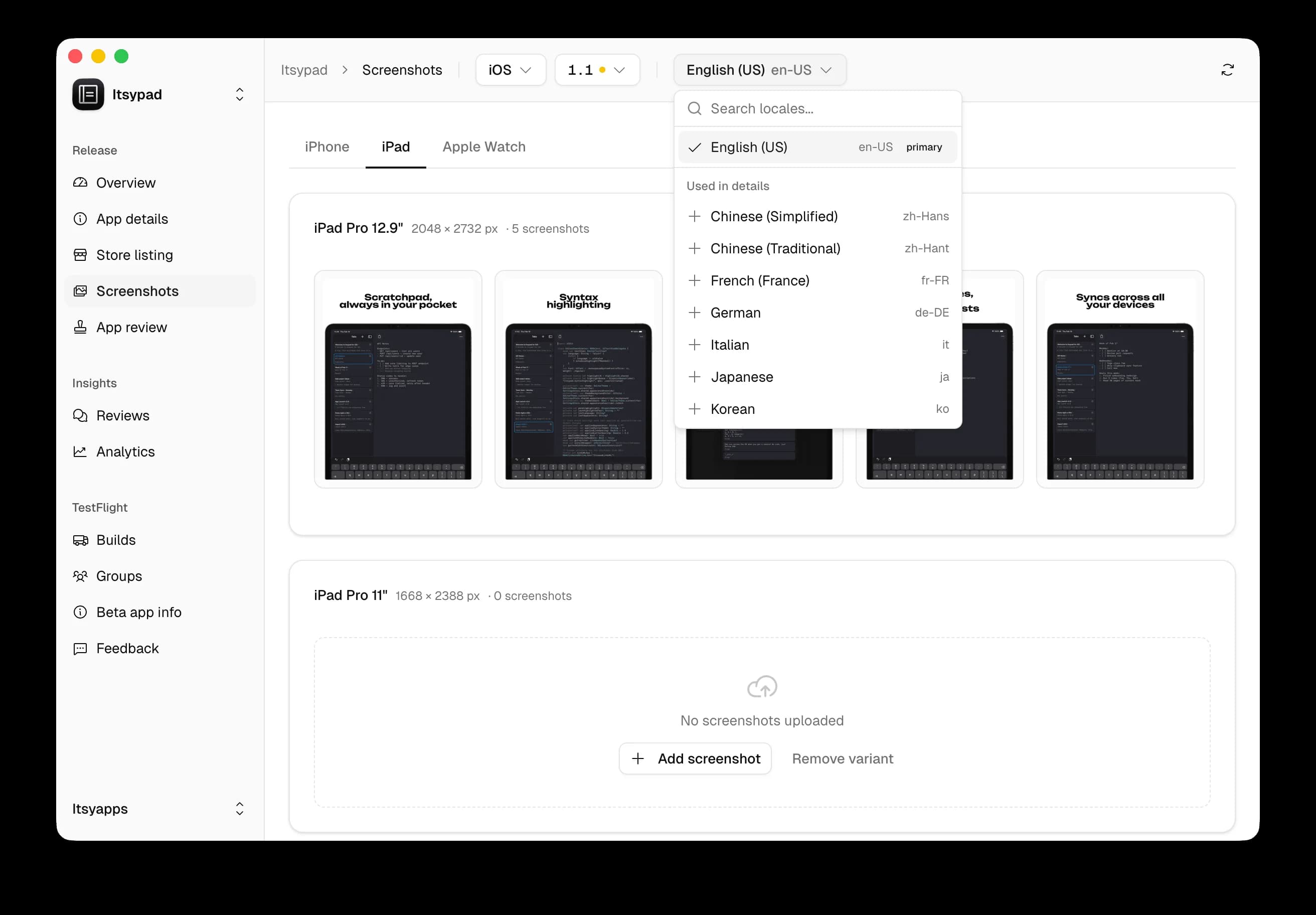 Itsyconnect – screenshot management – 2