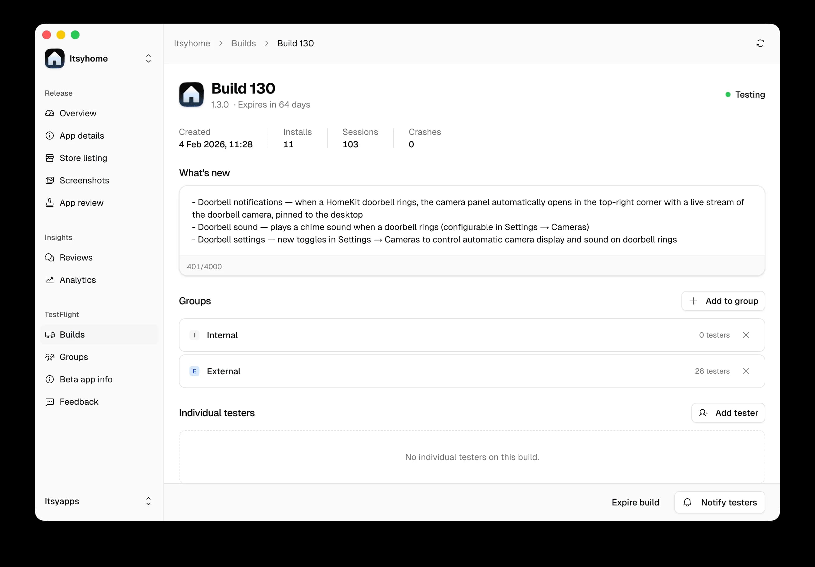 Itsyconnect – testflight – 1