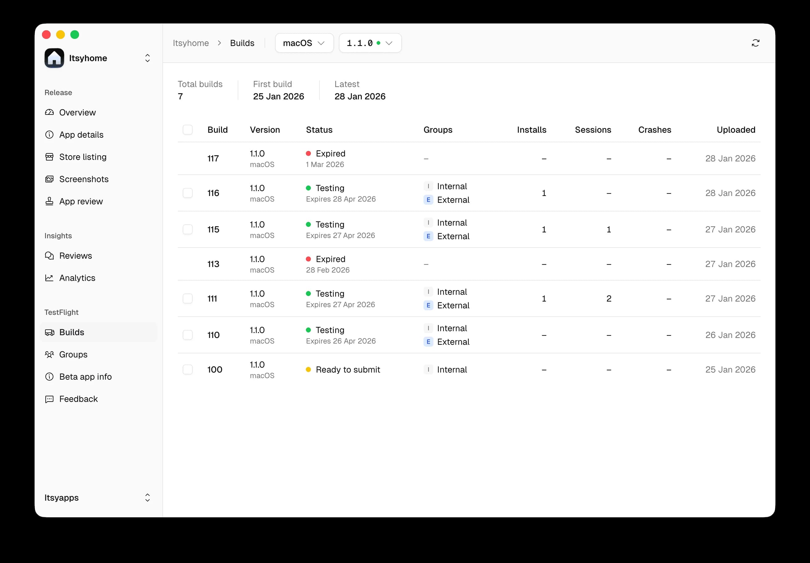 Itsyconnect – testflight – 2