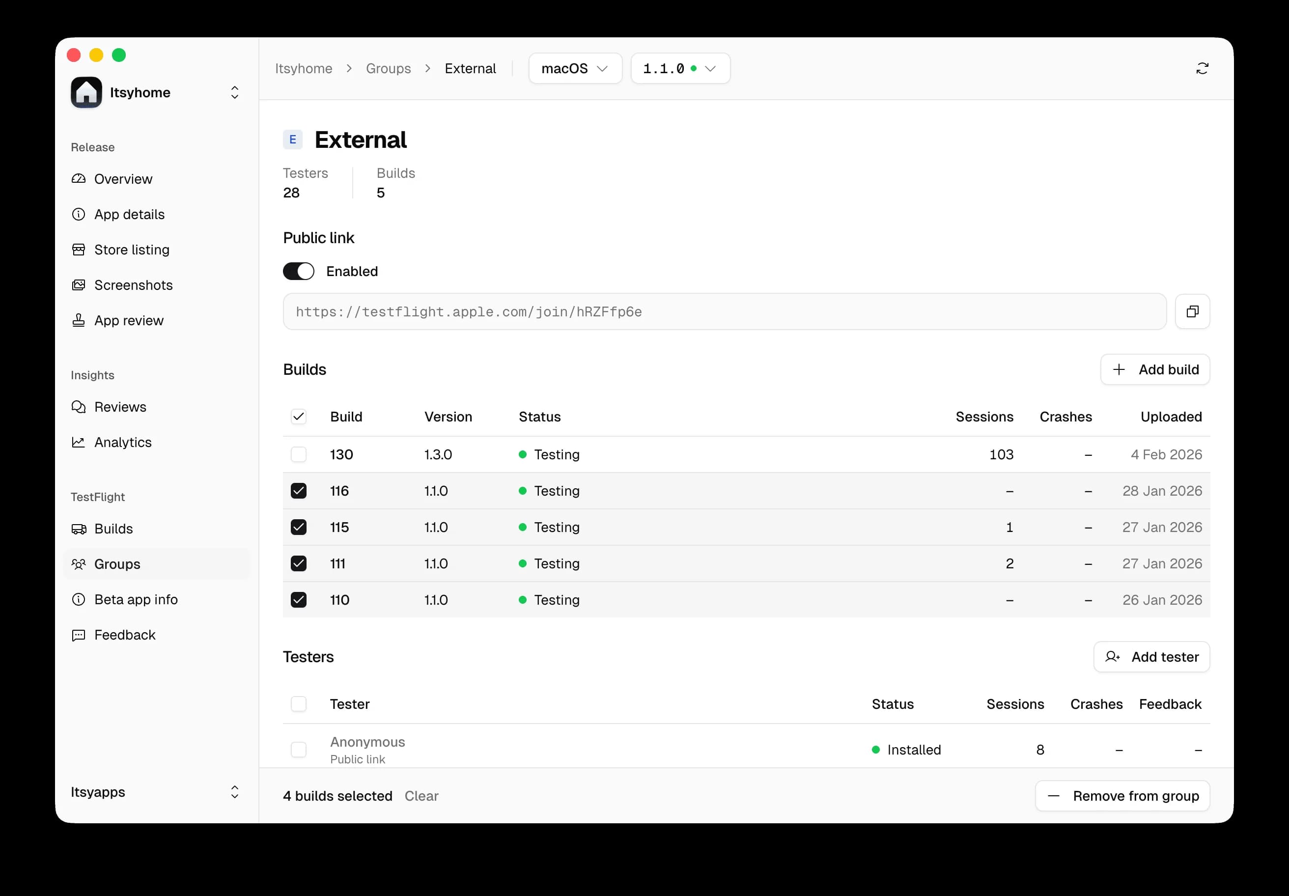 Itsyconnect – testflight – 3