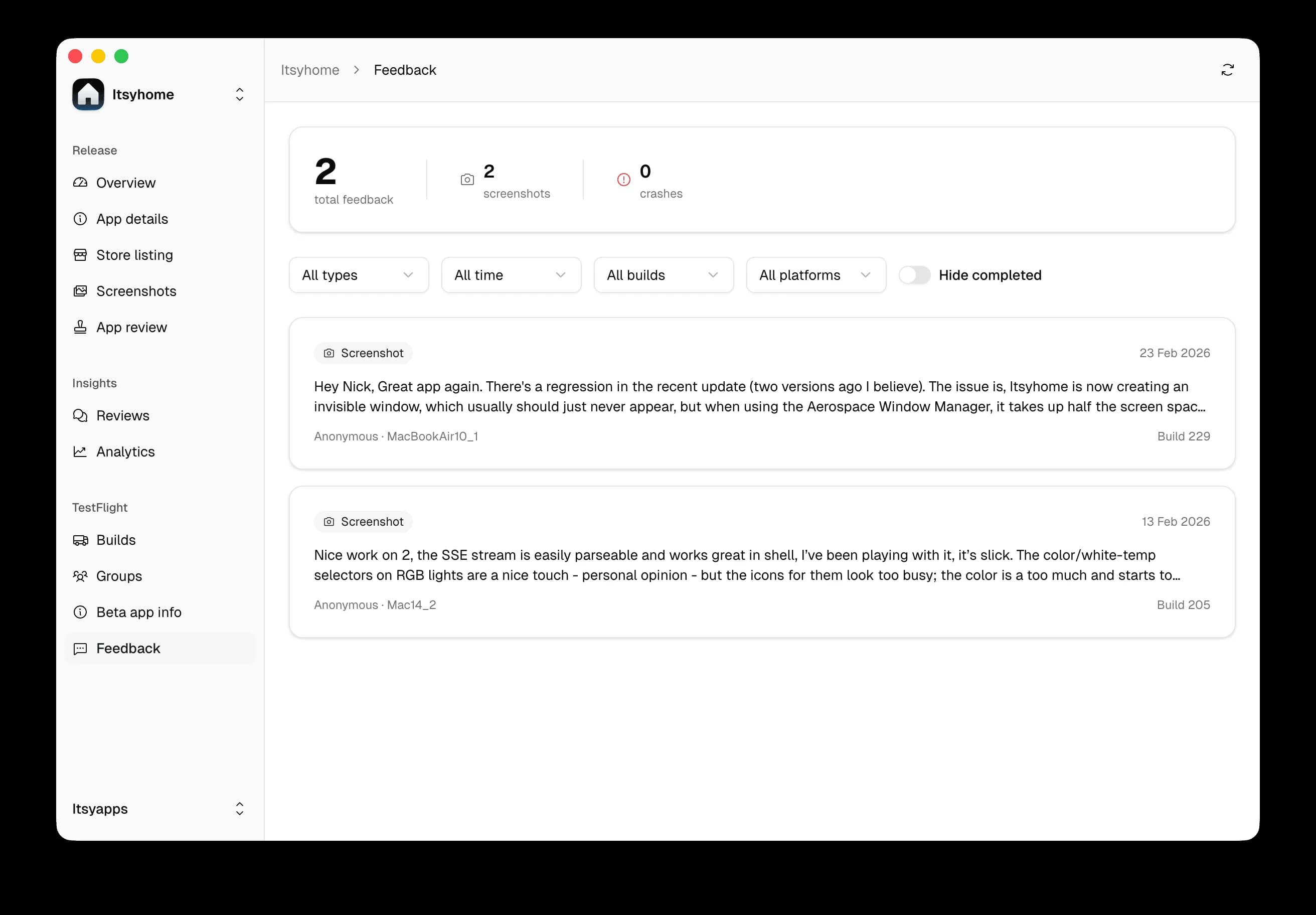Itsyconnect – testflight – 5