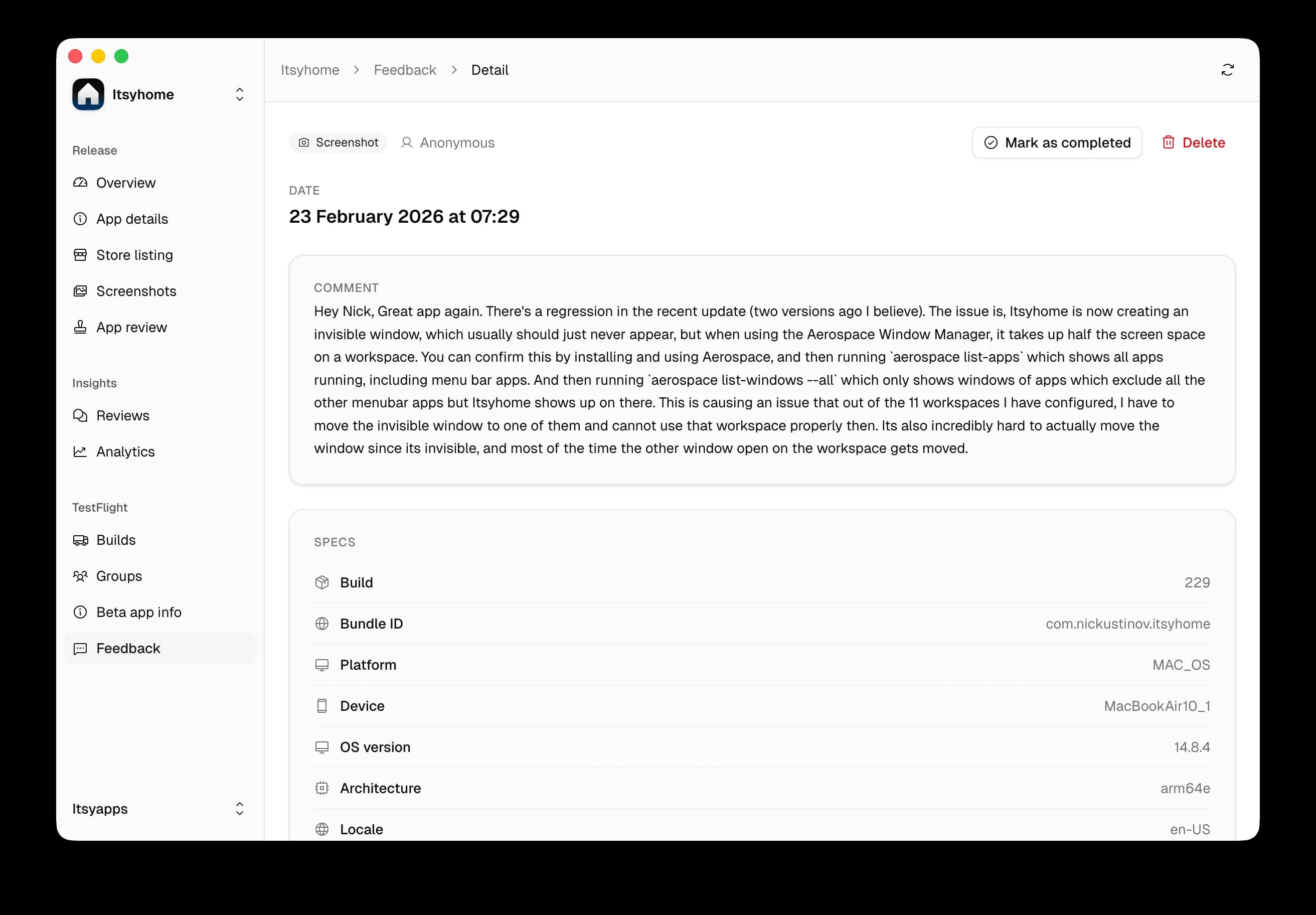 Itsyconnect – testflight – 6